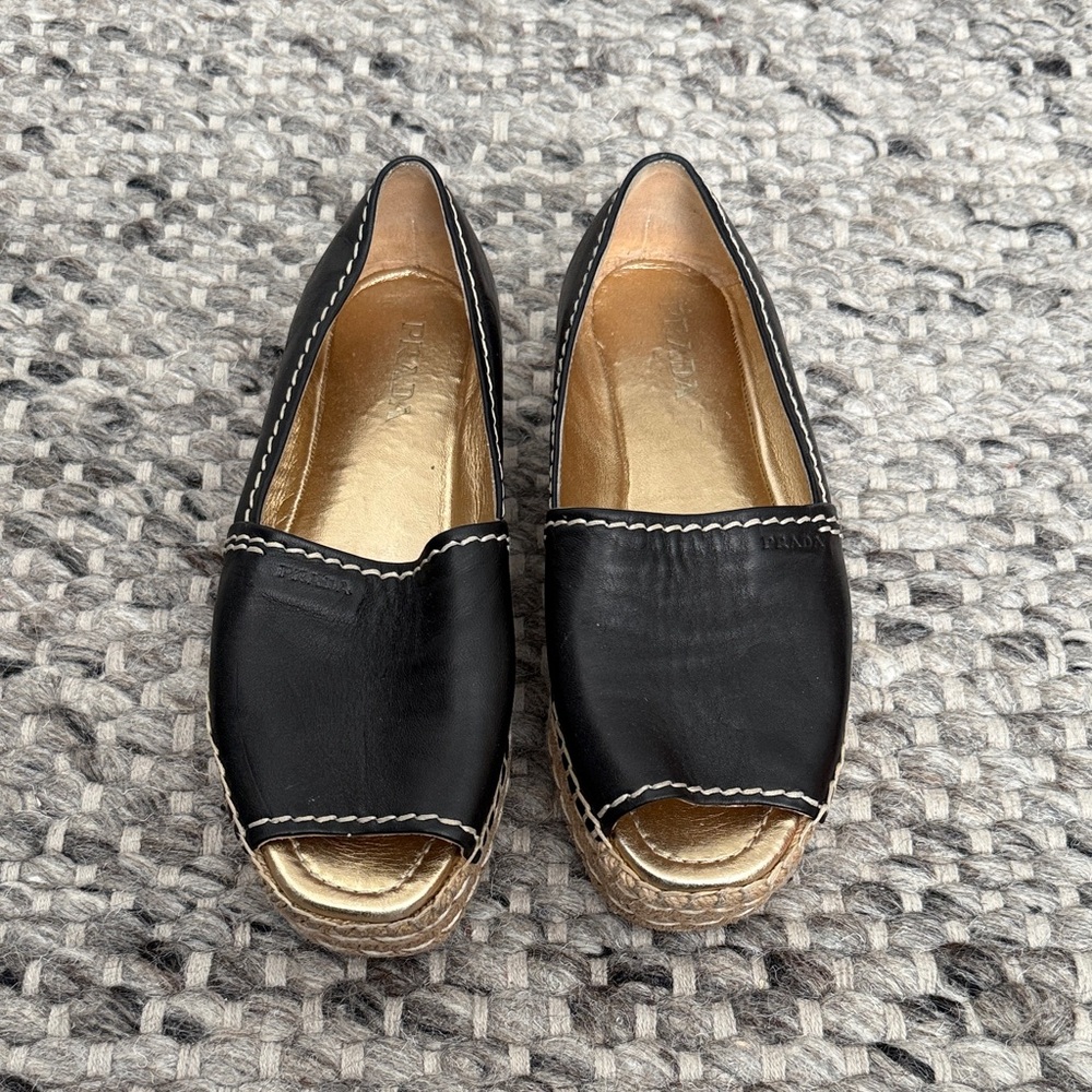 Prada Black Leather Platform Espadrilles